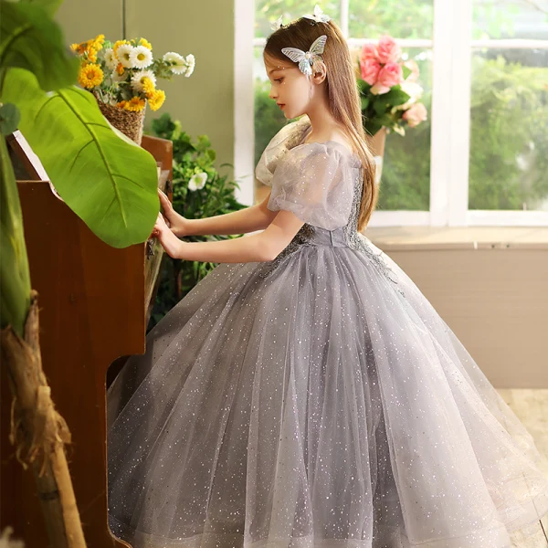 Bling Bling Grey Beading Sequins Birthday Flower Girl Dresses 2024 Ball Gown Square Neckline Puffy Short Sleeve Floor-Length / Long