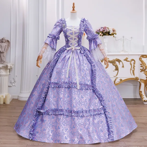 Vintage / Retro Medieval Champagne Lace Flower Ruffle Prom Dresses 2025 Ball Gown Square Neckline Bat Sleeve Backless Floor-Length / Long Formal Dresses