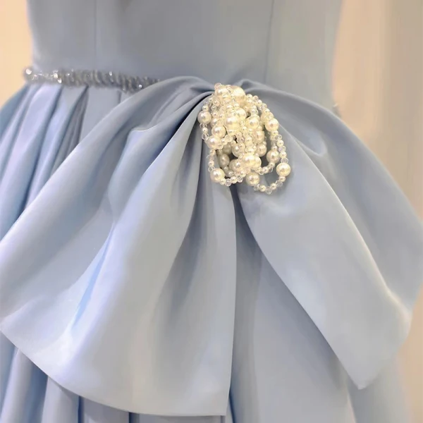 Elegant Sky Blue Prom Dresses 2023 A-Line / Princess Square Neckline Puffy Short Sleeve Backless Sweep Train Prom Formal Dresses