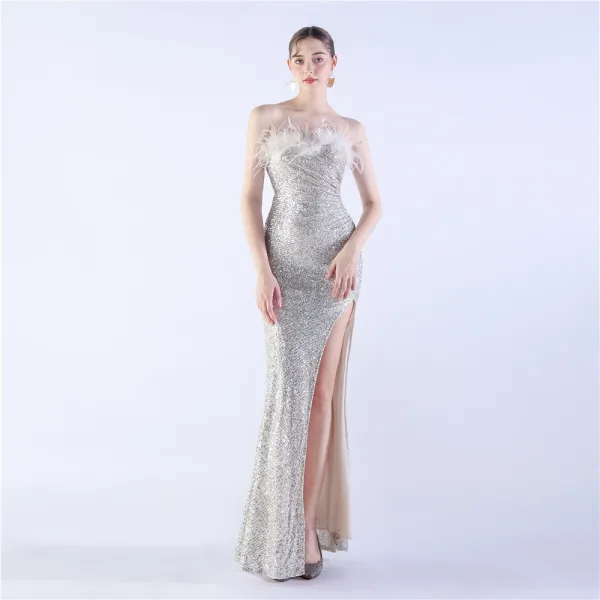 Sexy Black Sequins Evening Dresses 2024 Trumpet / Mermaid Strapless Tassel Sleeveless Backless Floor-Length / Long Evening Party Formal Dresses