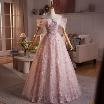 Fée Des Fleurs Rougissant Rose Perlage Appliques Paillettes Robe De Bal 2025 Robe Boule De L Épaule Manches Courtes Dos Nu Longue Robe De Ceremonie