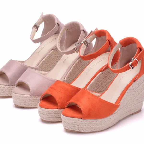 Schöne Orange Strassenmode Strand Flechten Sandalen Damen 2025 Knöchelriemen 10 cm Keilabsatz Peeptoes Sandaletten