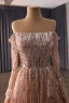 Luxus / Herrlich Glitzernden Rosa Handgefertigt Perlenstickerei Applikationen Pailletten Abendkleider 2026 A Linie Off Shoulder Lange Ärmel Rückenfreies Sweep / Pinsel Zug Abend