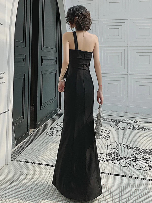 Sexy Schwarz Gespaltete Front Abendkleider 2022 Meerjungfrau One-Shoulder Schleife Ärmellos Rückenfreies Lange Abend Festliche Kleider
