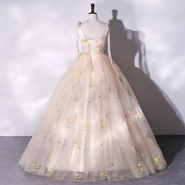 Chic / Beautiful Champagne Lace Flower Floral Prom Dresses 2023 Ball Gown Spaghetti Straps Sleeveless Backless Floor-Length / Long Prom Formal Dresses