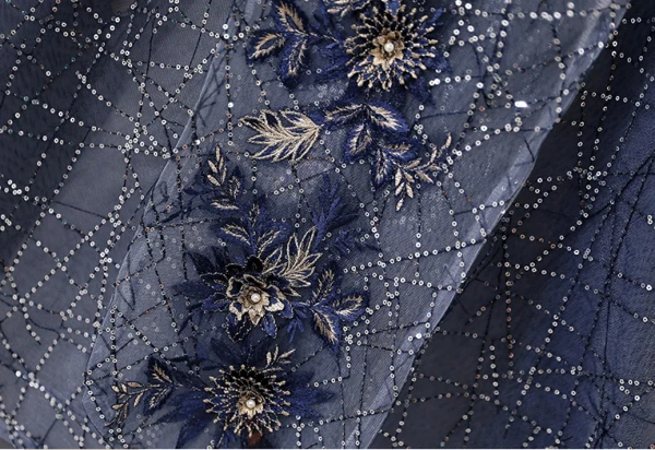 Vintage / Originale Bleu Marine Faux Diamant Paillettes En Dentelle Fleur Anniversaire Robe Ceremonie Fille 2024 Robe Boule Encolure Dégagée Manches Courtes Dos Nu Noeud Longue