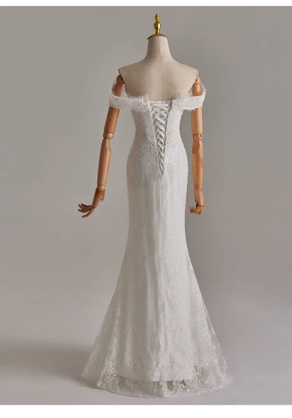 Elegant White Pearl Lace Flower Detachable Sweep Train Wedding Dresses 2025 Trumpet / Mermaid Off-The-Shoulder Sleeveless Backless