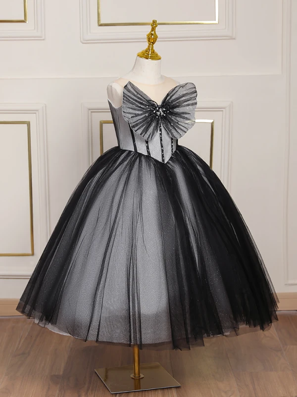 Charmant Noire Anniversaire Paillettes Noeud Robe Ceremonie Fille 2023 Robe Boule Bustier Sans Manches Dos Nu Thé Longueur
