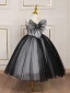 Charmant Noire Anniversaire Paillettes Noeud Robe Ceremonie Fille 2023 Robe Boule Bustier Sans Manches Dos Nu Thé Longueur