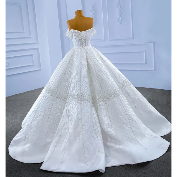 High End Elegante Ivory / Creme Handgefertigt Perlenstickerei Pailletten Brautkleider / Hochzeitskleider 2022 Ballkleid Bandeau Ärmellos Rückenfreies Lange Hochzeit