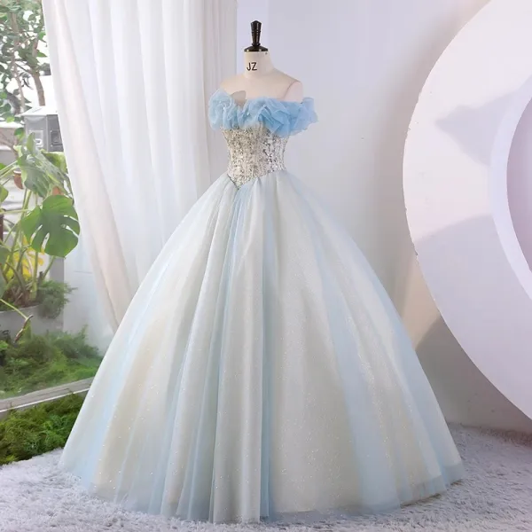 Modern / Fashion Sky Blue Glitter Beading Sequins Prom Dresses 2023 Ball Gown Strapless Sleeveless Backless Floor-Length / Long Prom Formal Dresses