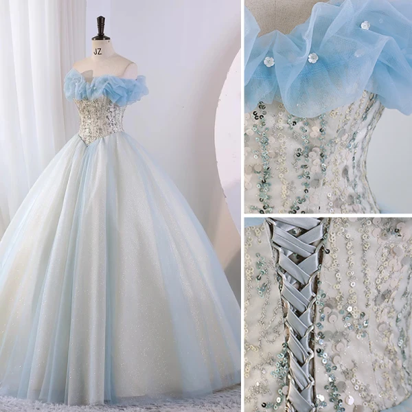 Modern / Fashion Sky Blue Glitter Beading Sequins Prom Dresses 2023 Ball Gown Strapless Sleeveless Backless Floor-Length / Long Prom Formal Dresses