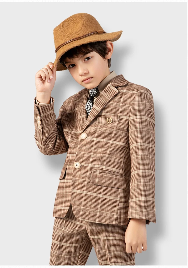 Tan Plaid 5-piece Boys Wedding Suits 2022 Long Sleeve Coat Pants Shirt Tie Vest