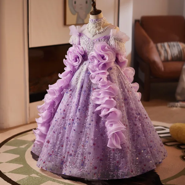 Flower Fairy Purple Beading Sequins Pearl Lace Flower Birthday Flower Girl Dresses 2025 Ball Gown High Neck Short Sleeve Backless Floor-Length / Long