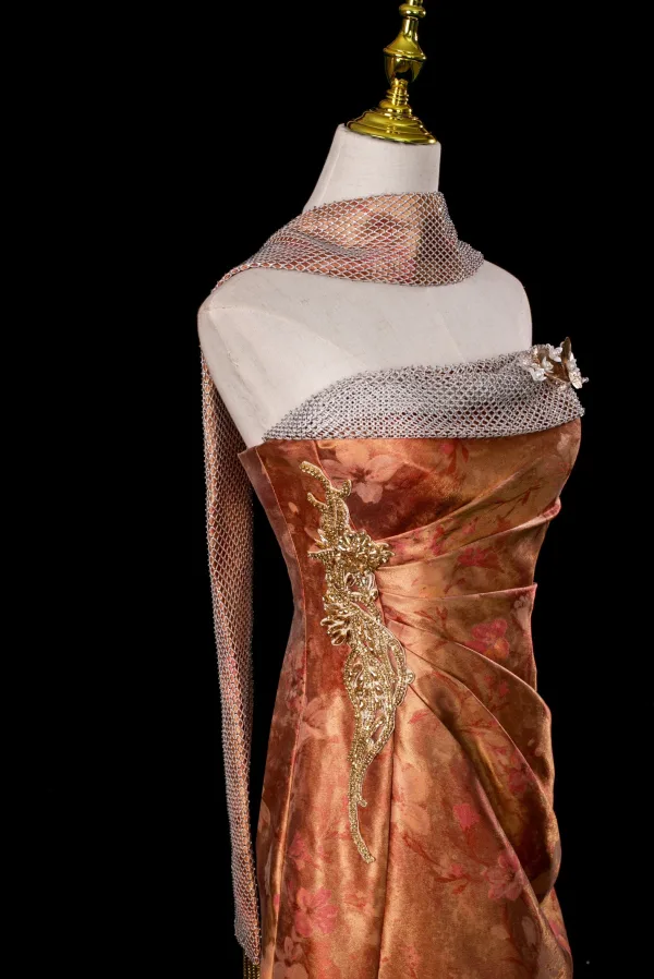Sexy Gold Printing Evening Dresses 2025 Trumpet / Mermaid Strapless Sleeveless Backless Sweep Train Formal Dresses