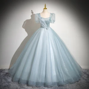 Élégant Bleu Ciel Perlage Robe De Bal 2024 Robe Boule Encolure Carrée Manches Courtes Dos Nu Longue Promo Robe De Ceremonie