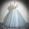 Elegant Sky Blue Beading Prom Dresses 2024 Ball Gown Square Neckline Short Sleeve Backless Floor-Length / Long Prom Formal Dresses