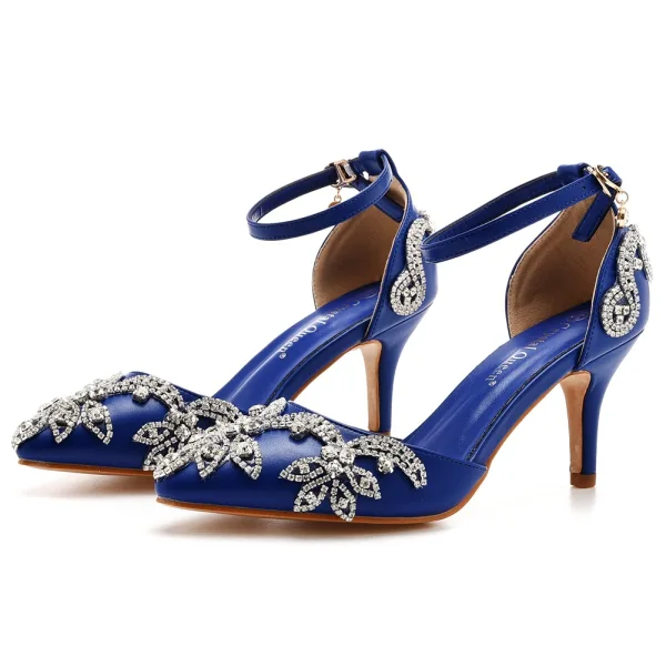 Sexy Silber Strass Brautschuhe 2023 7 cm Stilettos Knöchelriemen Spitzschuh Hochzeit Sandaletten Hochhackige
