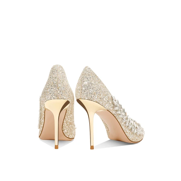 Charmig Glittrande Guld Rhinestone Paljetter Läder Brudskor 2024 8 cm Stilettklackar Spetsiga Bröllop Pumps Högklackade
