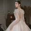 Audrey Hepburn Style Champagne Pearl Lace Flower Appliques Wedding Dresses 2022 Ball Gown Square Neckline Short Sleeve Backless Royal Train Wedding