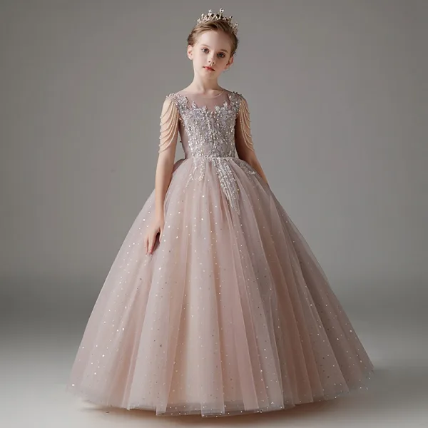 Elegant Blushing Pink Beading Rhinestone Lace Flower Birthday Flower Girl Dresses 2025 Ball Gown Scoop Neck Long Sleeve Floor-Length / Long