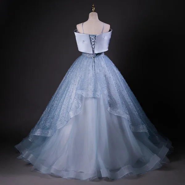 Bling Bling Sky Blue Bow Pearl Sequins Prom Dresses 2026 Ball Gown Spaghetti Straps Sleeveless Backless Floor-Length / Long Formal Dresses