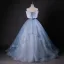 Bling Bling Sky Blue Bow Pearl Sequins Prom Dresses 2026 Ball Gown Spaghetti Straps Sleeveless Backless Floor-Length / Long Formal Dresses