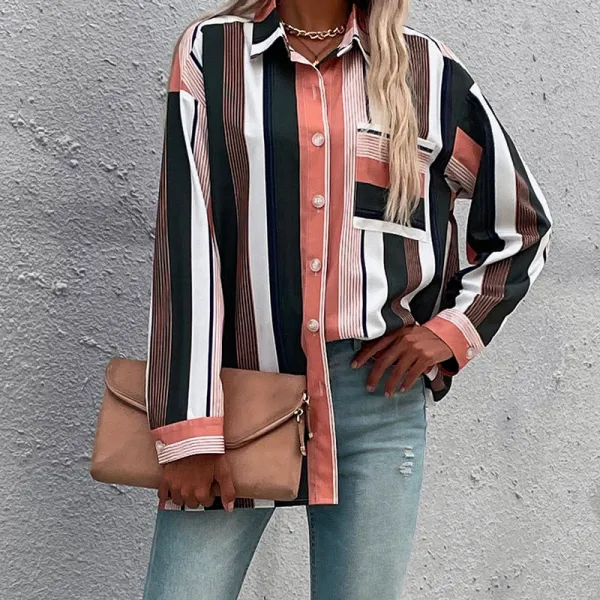 Fashion Women Multi-Colors Stripe Loose Blouses 2021 Lapel  Long Sleeve Street Wear