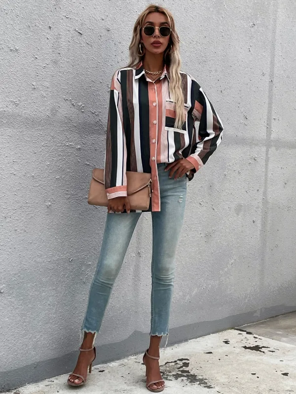 Fashion Women Multi-Colors Stripe Loose Blouses 2021 Lapel Long Sleeve Street Wear