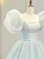 Charmant Himmelblau Pailletten Ballkleider 2023 Ballkleid Eckiger Ausschnitt Kurze Ärmel Geschwollenes Rückenfreies Hof-Schleppe Ball Festliche Kleider