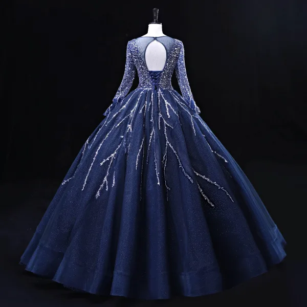 Vintage / Originale Bleu Marine Perlage Paillettes Robe De Bal 2022 Robe Boule Encolure Dégagée Dos Nu Manches Longues Longue Promo Robe De Ceremonie