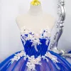 Elegant Royal Blue Appliques Lace Flower Prom Dresses Ball Gown 2022 Scoop Neck Sleeveless Backless Floor-Length / Long Prom Formal Dresses