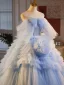 Elegant Sky Blue Cascading Ruffles Prom Dresses 2025 Ball Gown Off-The-Shoulder Short Sleeve Backless Sweep Train Formal Dresses