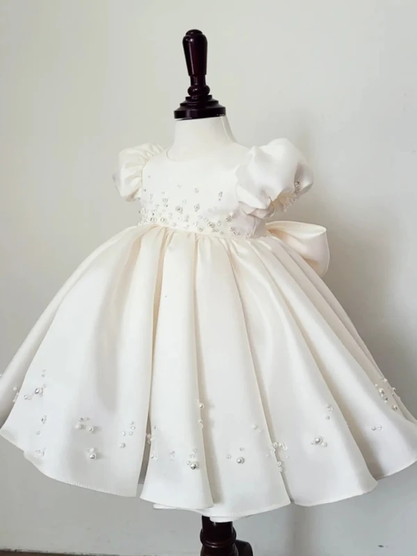 Fashion White Beading Pearl Wedding Flower Girl Dresses 2023 Ball Gown Scoop Neck Short Sleeve Bow Short