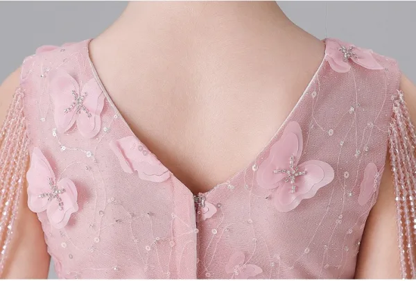 Chic / Beautiful Blushing Pink Beading Sequins Butterfly Appliques Birthday Flower Girl Dresses 2025 Ball Gown V-Neck Sleeveless Floor-Length / Long