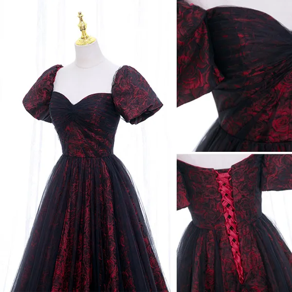 Elegant Burgundy Printing Prom Dresses 2022 A-Line / Princess Off-The-Shoulder Puffy Short Sleeve Backless Floor-Length / Long Formal Dresses