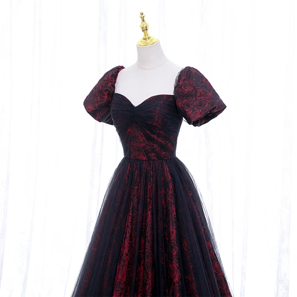 Elegant Burgundy Printing Prom Dresses 2022 A-Line / Princess Off-The-Shoulder Puffy Short Sleeve Backless Floor-Length / Long Formal Dresses