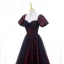 Elegant Burgundy Printing Prom Dresses 2022 A-Line / Princess Off-The-Shoulder Puffy Short Sleeve Backless Floor-Length / Long Formal Dresses