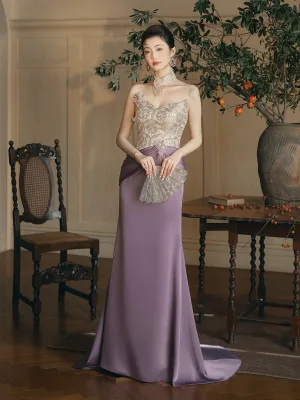 Amazing Unique Lavender Appliques Printing Evening Dresses 2025 Trumpet Mermaid Strapless Sleeveless Backless Sweep Train Evening Party Formal Dresses