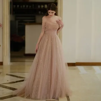 Chic Belle Champagne Paillettes Robe De Bal 2025 Princesse Une Épaule Manches Courtes Dos Nu Train De Balayage Robe De Ceremonie