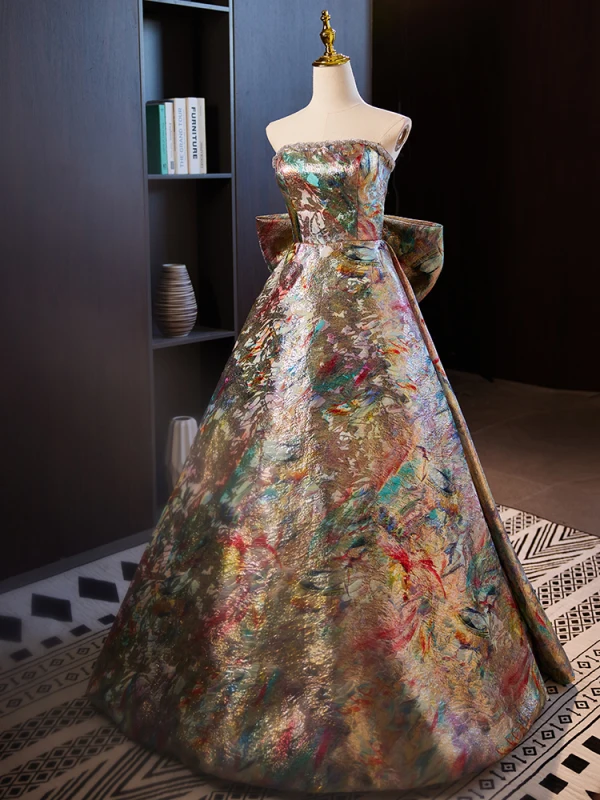 Vintage / Retro Multi-Colors Prom Dresses 2024 Ball Gown Strapless Sleeveless Backless Bow Floor-Length / Long Prom Formal Dresses