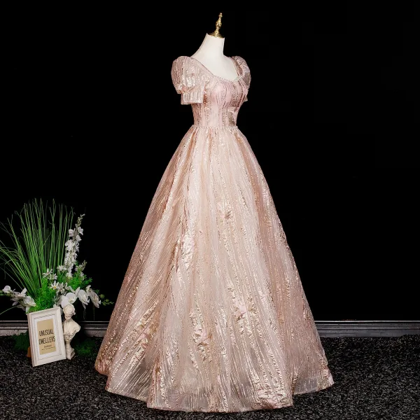 Chic / Beautiful Blushing Pink Glitter Prom Dresses 2025 Ball Gown Square Neckline Short Sleeve Backless Floor-Length / Long Formal Dresses