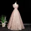 Chic / Beautiful Blushing Pink Glitter Prom Dresses 2025 Ball Gown Square Neckline Short Sleeve Backless Floor-Length / Long Formal Dresses