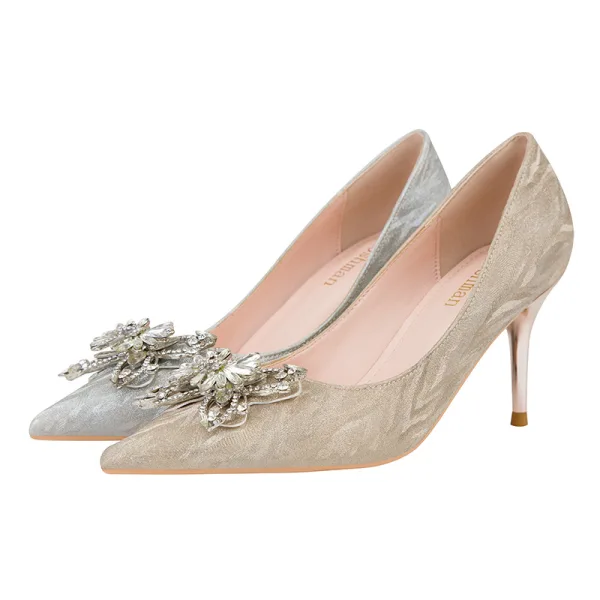 Charming Champagne Rhinestone Butterfly Evening Party Pumps High Heels 2022 7 cm Stiletto Heels Pointed Toe Pumps