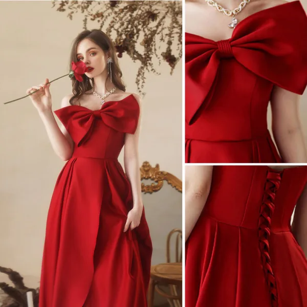 Charmant Rot Satin Abendkleider 2022 A Linie Bandeau Schleife Ärmellos Rückenfreies Gespaltete Front Lange Abend Festliche Kleider