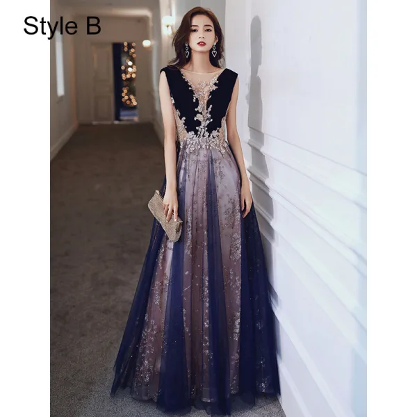 Elegant Navy Blue Beading Evening Dresses  Prom Dresses 2021 A-Line / Princess Scoop Neck Rhinestone Sequins Sleeveless Backless Floor-Length / Long Evening Party Formal Dresses