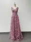 Chic / Beautiful Lace Flower Dusky Pink Prom Dresses 2024 A-Line / Princess V-Neck Sleeveless Backless Floor-Length / Long Prom Formal Dresses