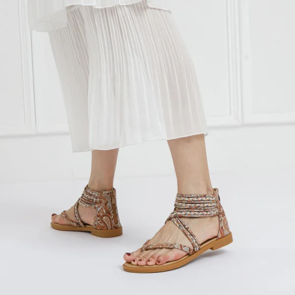 Bohême Ethnique Marron Plage Plate Sandales Femme 2022 Bride Cheville Peep Toes / Bout Ouvert Sandales