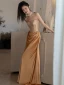 Sexy Doré Paillettes Fendue devant Robe De Bal 2024 Trompette / Sirène Bustier Sans Manches Dos Nu Longue Promo Robe De Ceremonie