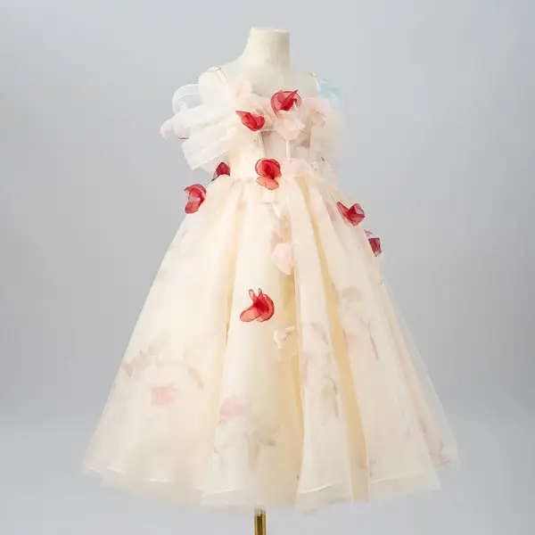 Lovely Champagne Appliques Birthday Flower Girl Dresses 2025 A-Line / Princess Off-The-Shoulder Short Sleeve Backless Floor-Length / Long Flower Girl Dresses